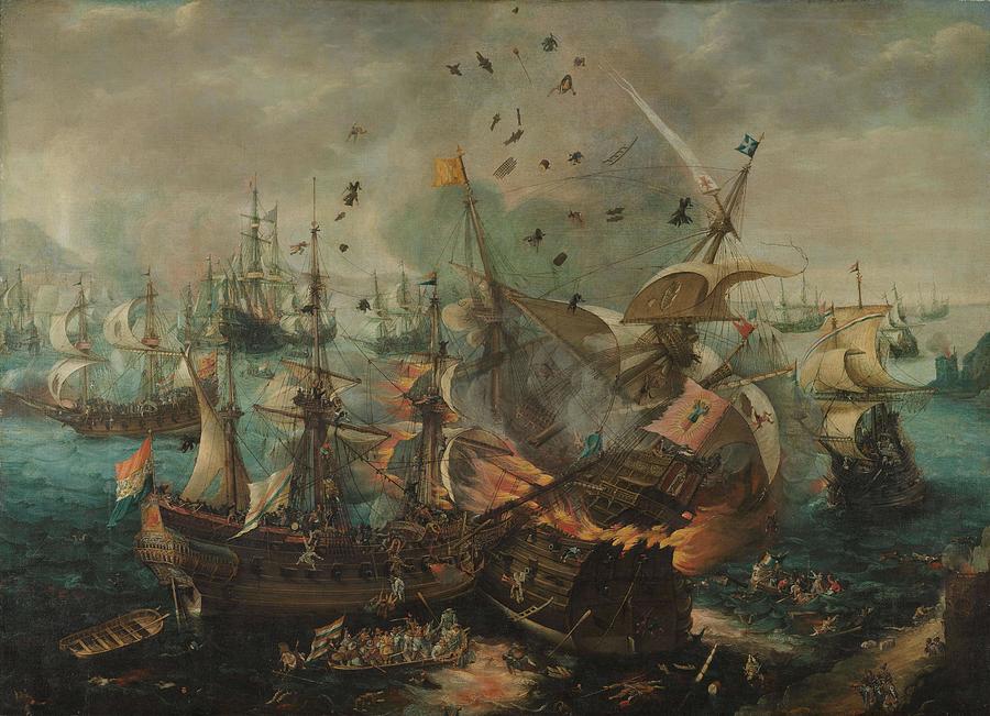Battle of Gibraltar in 1607. The Explosion of the Spanish Flagship during the Battle of Gibraltar... Painting by Cornelis Claesz van Wieringen Hendrik Cornelisz Vroom -rejected attribution-