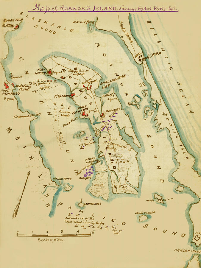 Map Painting - Battle of Roanoke Island by Robert Knox Sneden