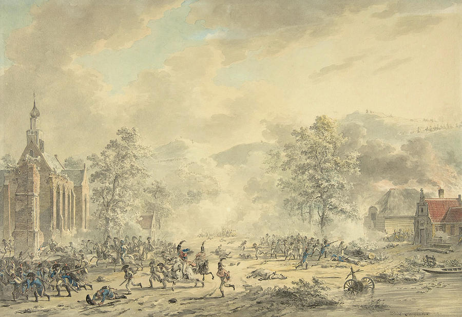 Battle Scene with Church at left. Painting by Dirk Langendijk