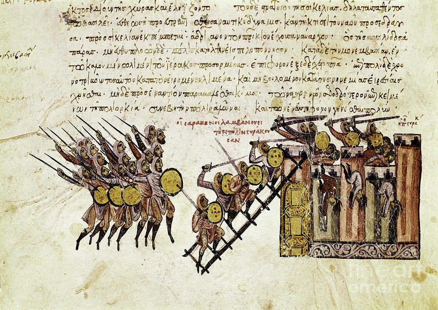 Battles Between Muslims And Byzantines In Syracuse, Sicily, In 878, Under The Rule Of Emperor Theophile, Miniature From synopsis Historiarum, C.1126-1150, 12th Century Painting by John Scylitzes
