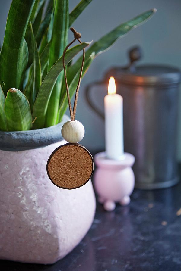Bauble Made From Cork Circle And Wooden Bead On Leather Cord Photograph by Martin Slyst