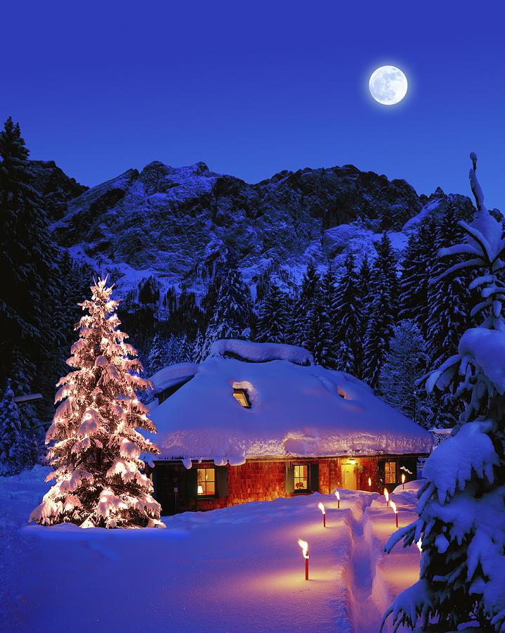 Bavaria, Snowed Hut & Full Moon Digital Art by Reinhard Schmid