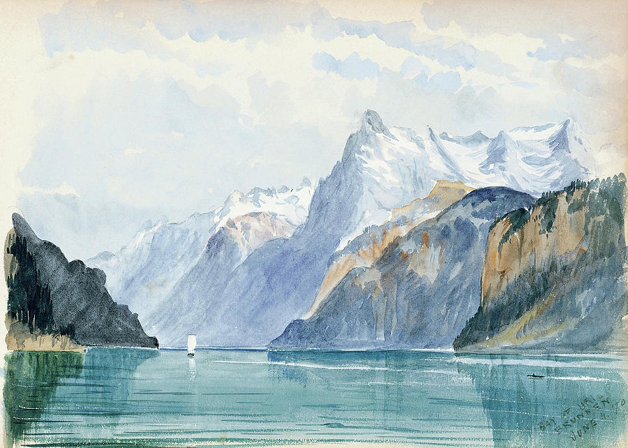 Bay of Uri, Brunnen -from Switzerland 1870 Sketchbook-. Painting by ...