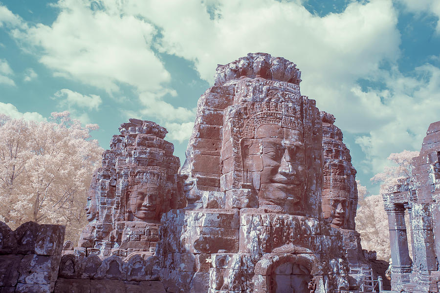 Bayon Temple faces in infrared in Angkor Thom Photograph by Karen Foley