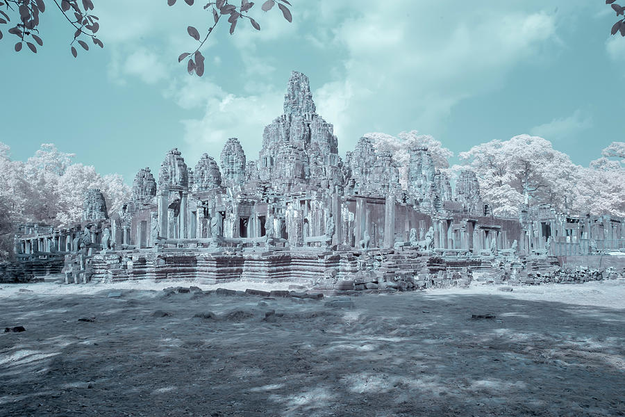 Bayon Temple in Angkor Tom in blue channel infrared Photograph by Karen Foley