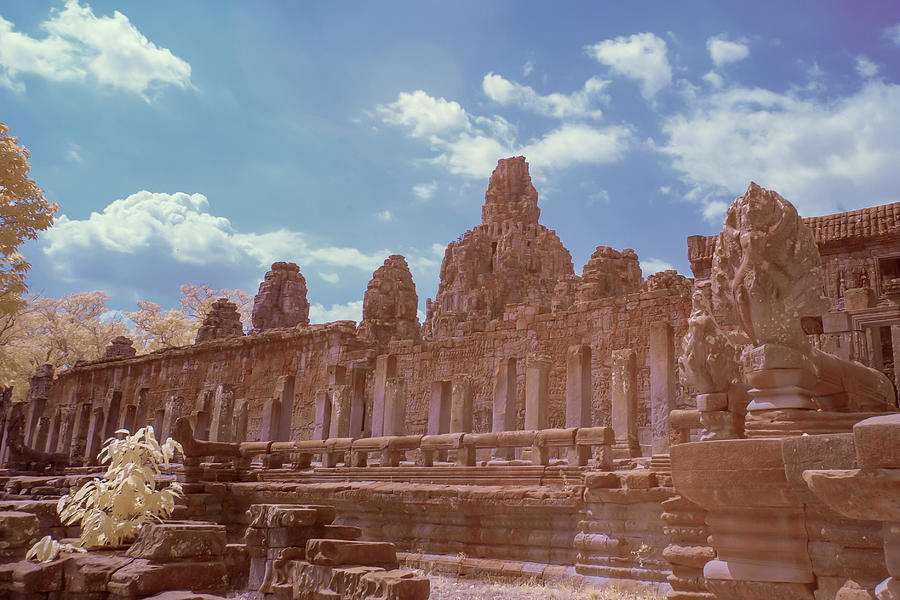 Bayon Temple in infrared in Angkor Thom Photograph by Karen Foley
