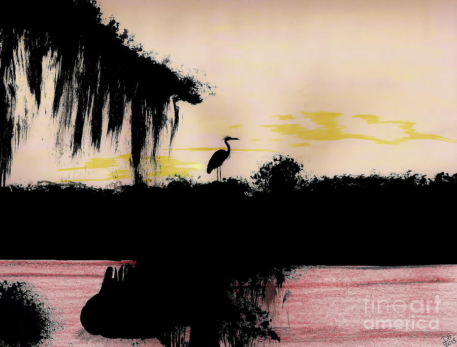 Bayou Heron Sunset Drawing by D Hackett