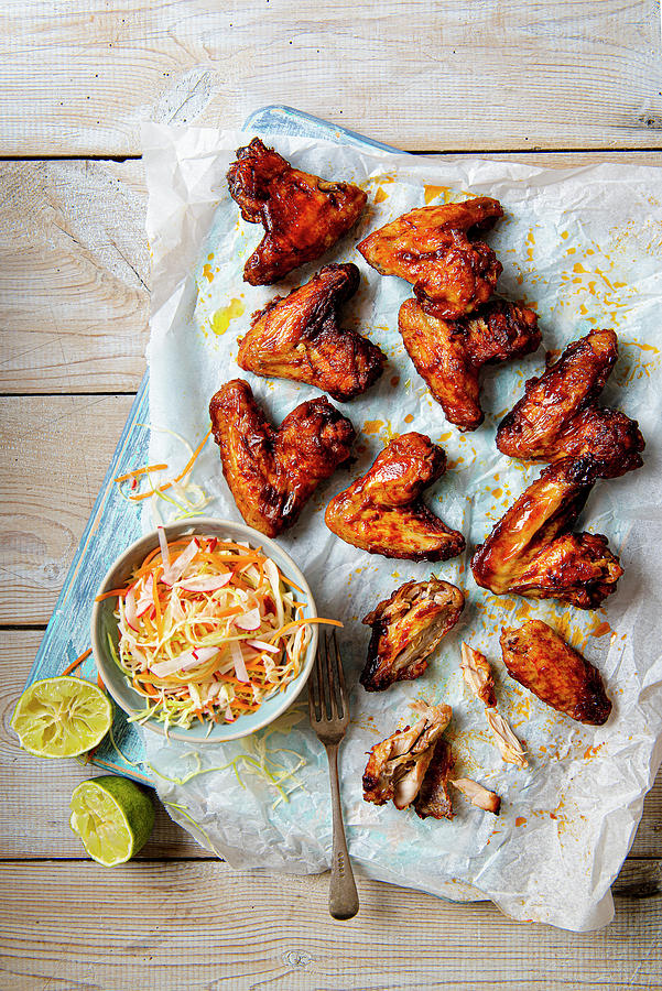 Bbq Chicken Wings With Cabagge And Lime Slaw Photograph by Magdalena Hendey