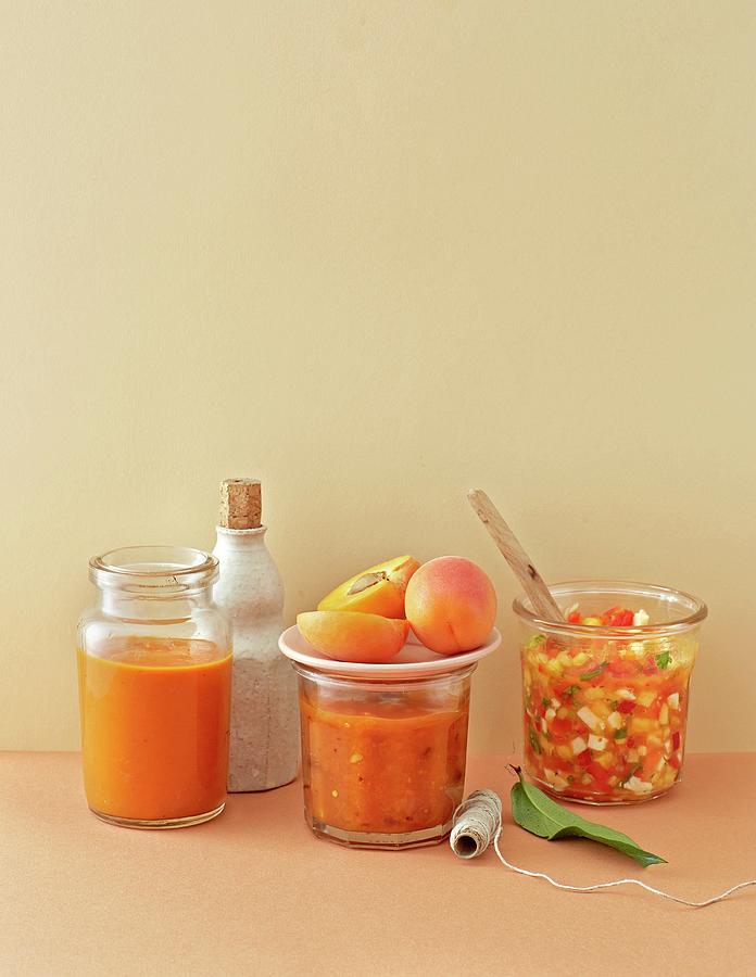Bbq Sauce With Peaches, Chutney With Apricots And Salsa With Nectarines Photograph by Jalag / Julia Hoersch