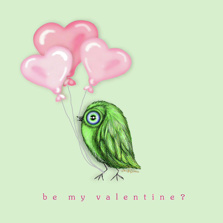 Typography Painting - Be My Valentine Bird With Pink Heart Balloons by Cherie Roe Dirksen
