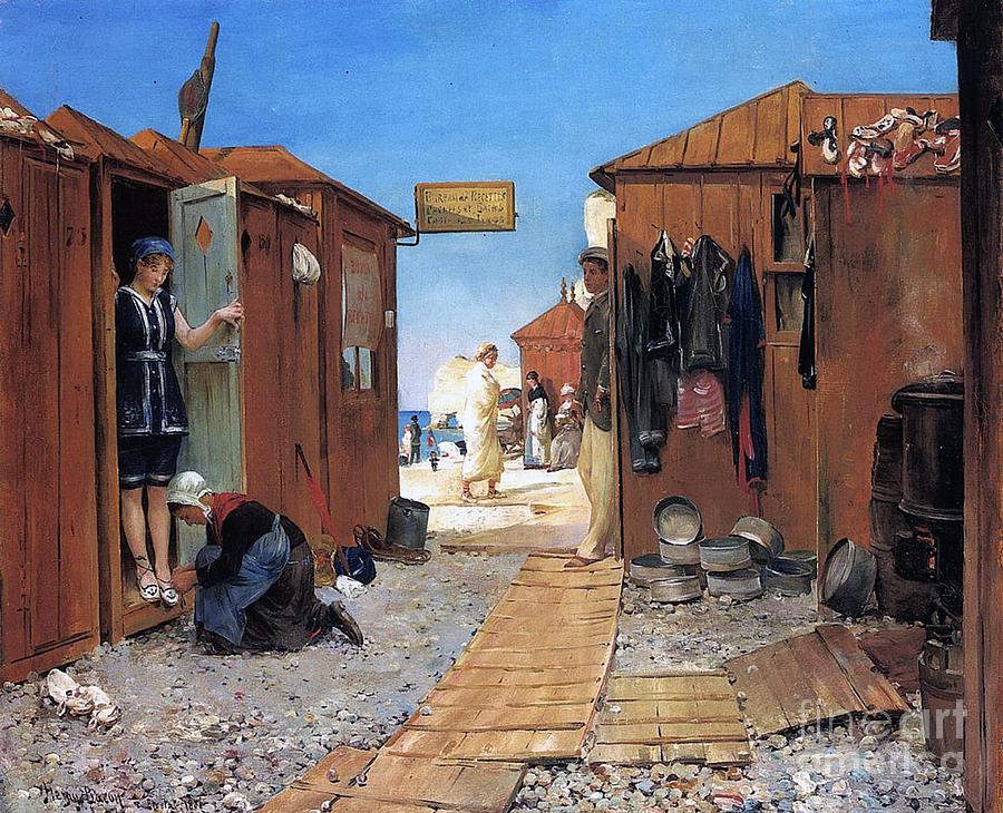 Beach Cabins At Etretat, France, 1881 Painting by Henry Bacon