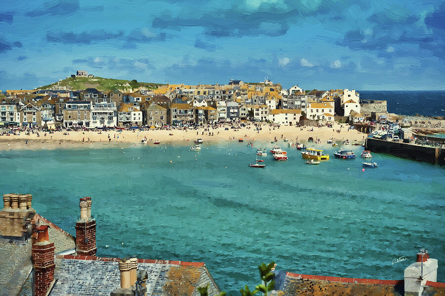 Beach from across bay St. Ives, Cornwall, England Painting by Dean Wittle