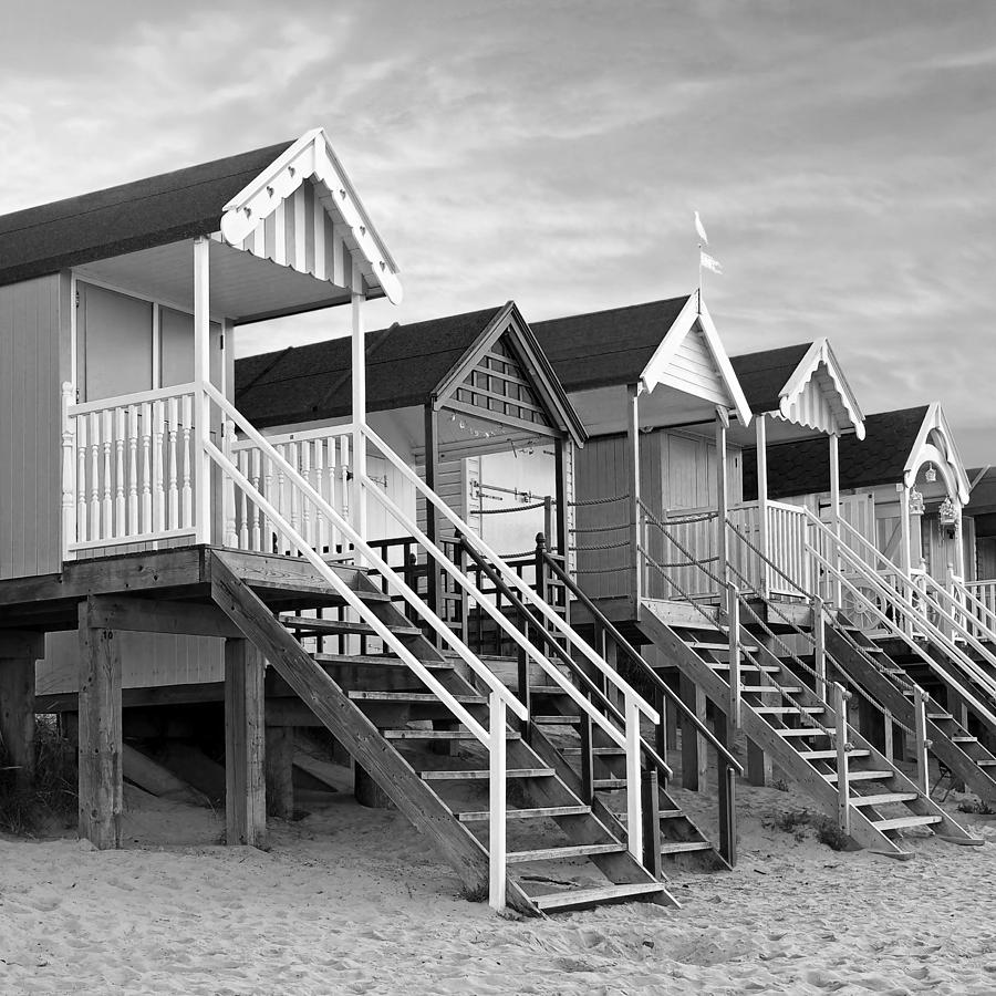 Beach Huts Sunset In Black And White Square Photograph by Gill Billington