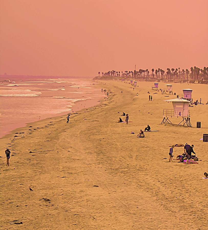 Beach Pano Huntington Beach Ca Digital Art by Chuck Kuhn