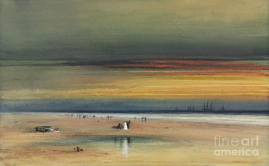 Beach Scene At Sunset Drawing by Heritage Images