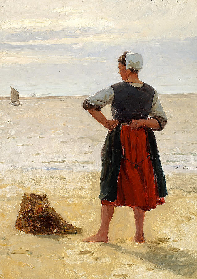 Beach scene from Bretagne. A young fisherwoman is looking at the sea. Painting by Laurits Tuxen