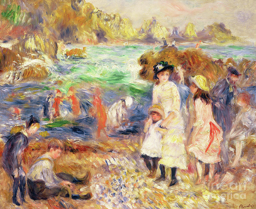 Beach Scene, Guernsey, Enfants au bord de la Mer a Guernsey, 1883 Painting by Pierre Auguste Renoir