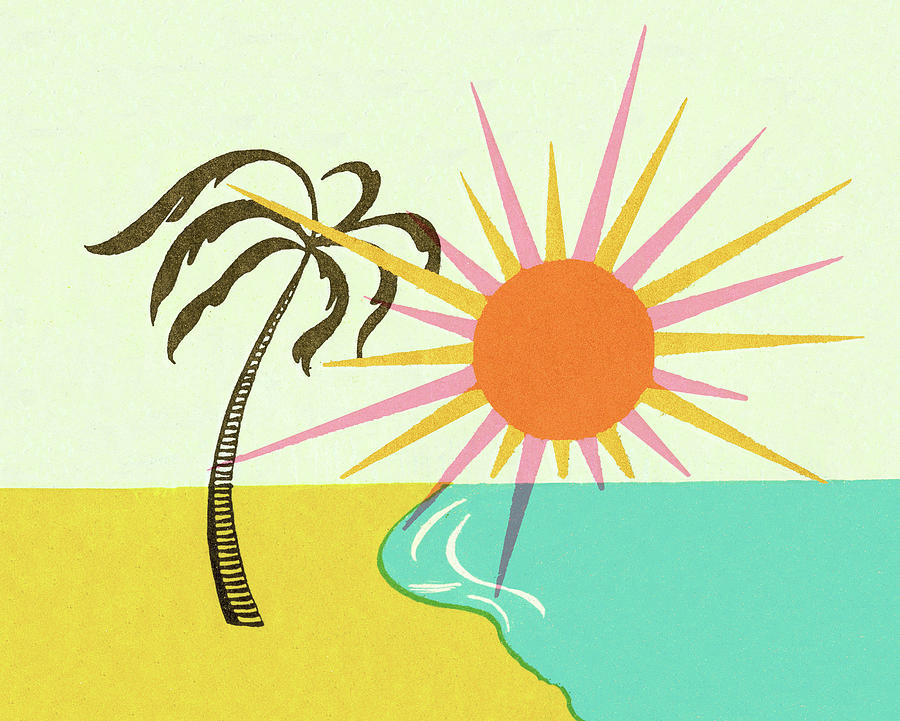 Summer Drawing - Beach Scene With Sun and Palm Tree by CSA Images