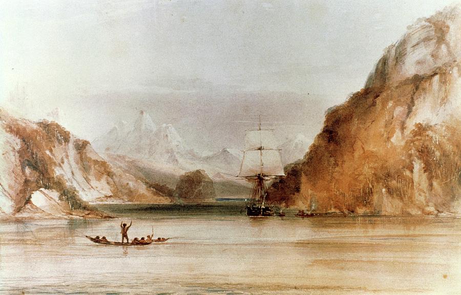 Beagle in Ponsonby Sound. CONRAD MARTENS . CHARLES DARWIN . Painting by Conrad Martens -1801-1878-