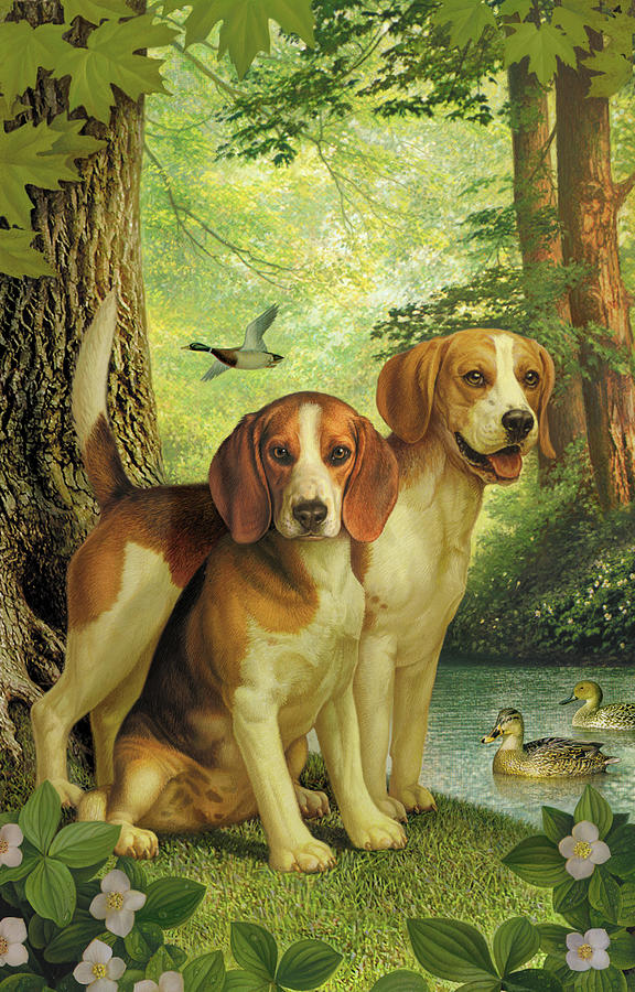 Beagles And Duck Painting by Dan Craig