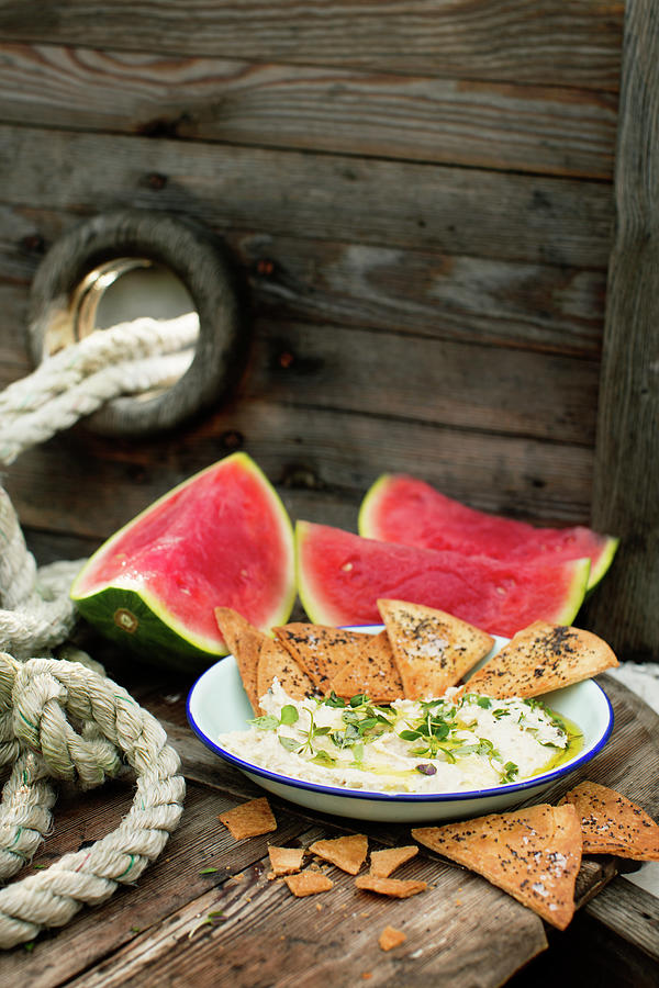 Bean And Yoghurt Cream With Mint Served With Tortilla Chips Photograph