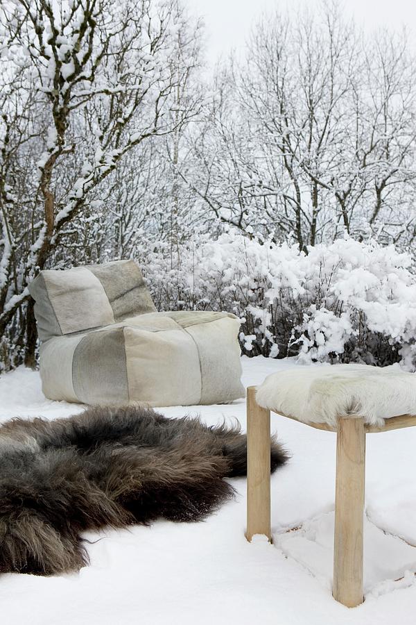 Beanbag, Fur Rug And Stool With Fur Cover In Snow Photograph by Annette Nordstrom
