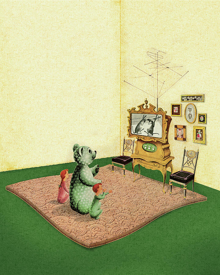 Vintage Drawing - Bear and Children Watching TV by CSA Images