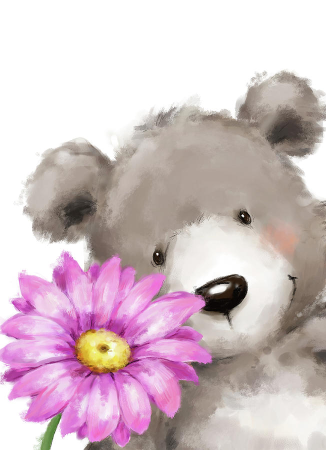 Bear And Flower Mixed Media by Makiko - Fine Art America