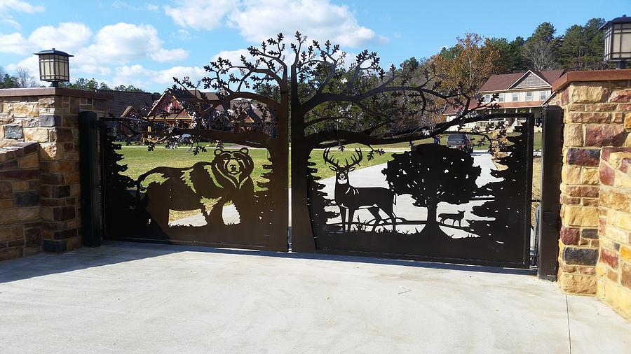 Bear, Deer and Oak Tree Driveway Gate Sculpture by Justin Rose - Pixels