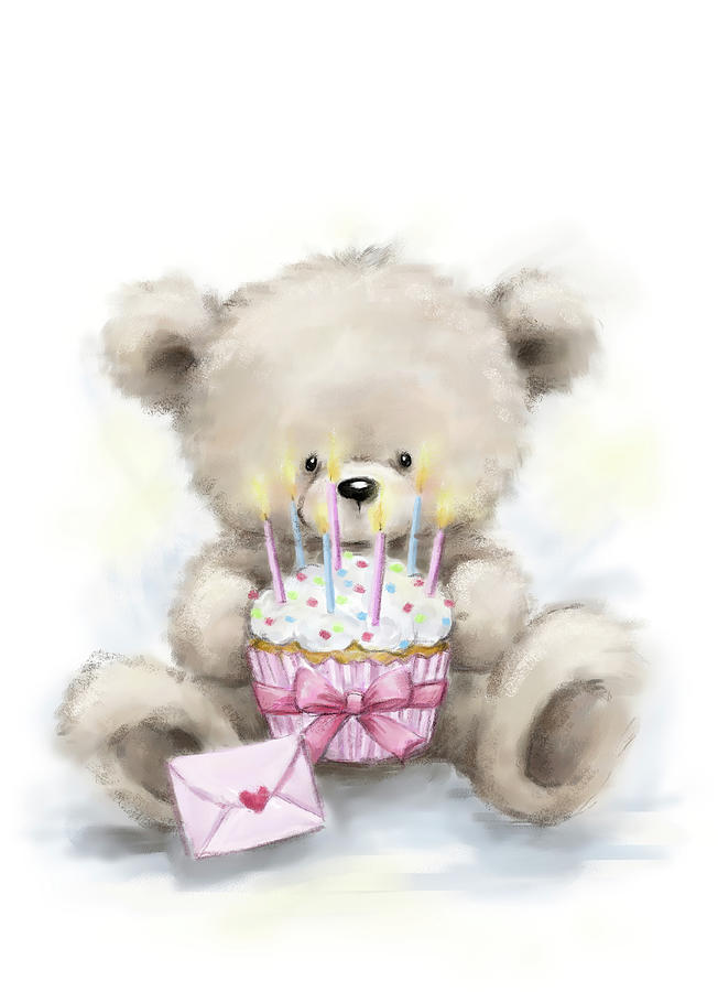Cake Mixed Media - Bear With Cake by Makiko