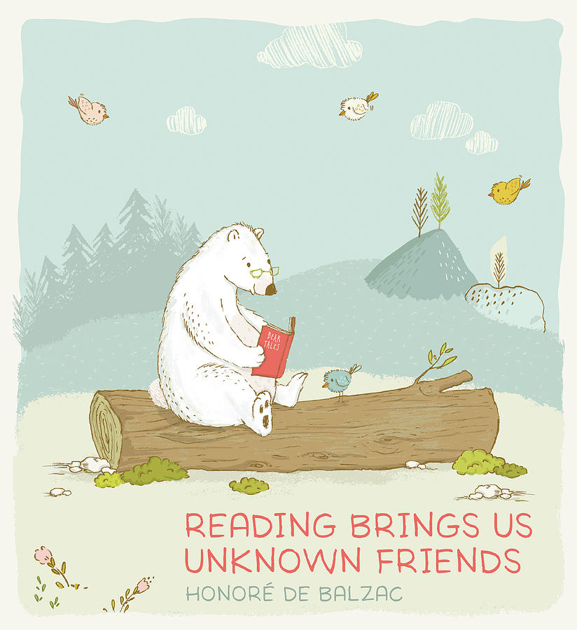 Bear with quote Reading brings us unknown friends Painting by Matthias Hauser