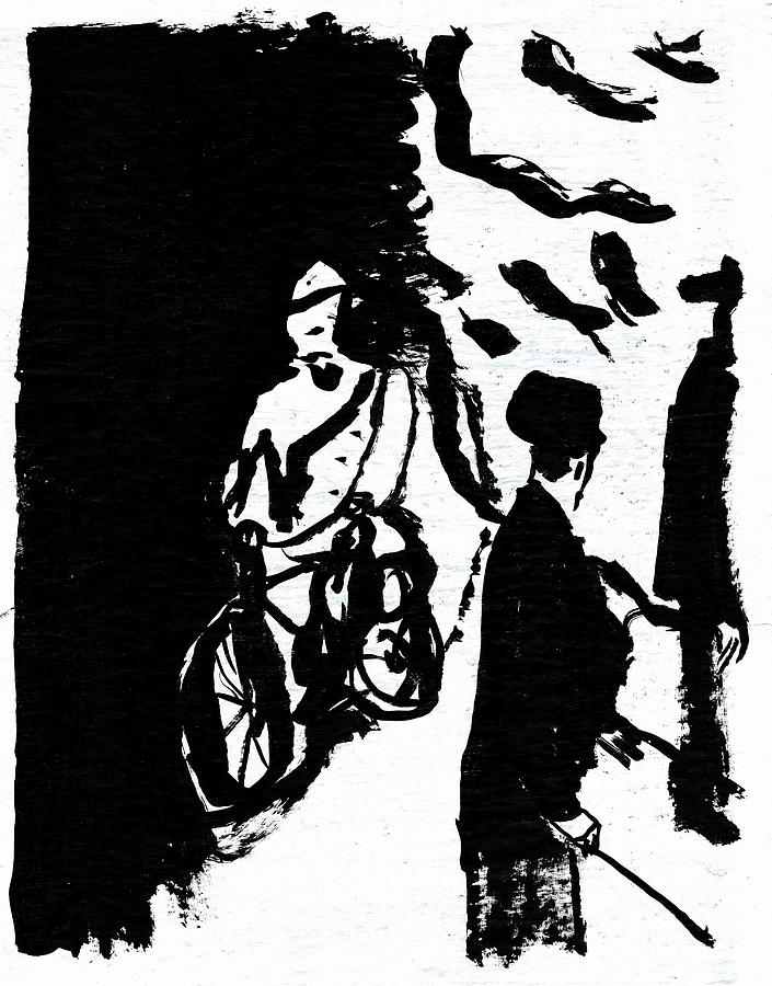 Bearded man riding a bike Painting by Edgeworth Johnstone