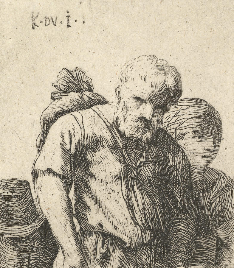Karel Dujardin Relief - Bearded man shown in half-length with bundle slung over right shoulderblade, flanked by a woman show by Karel Dujardin