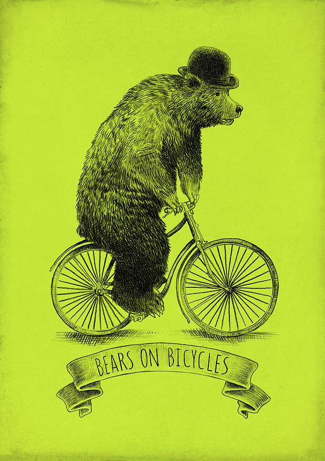 Vintage Drawing - Bears on Bicycles - Lime by Eric Fan