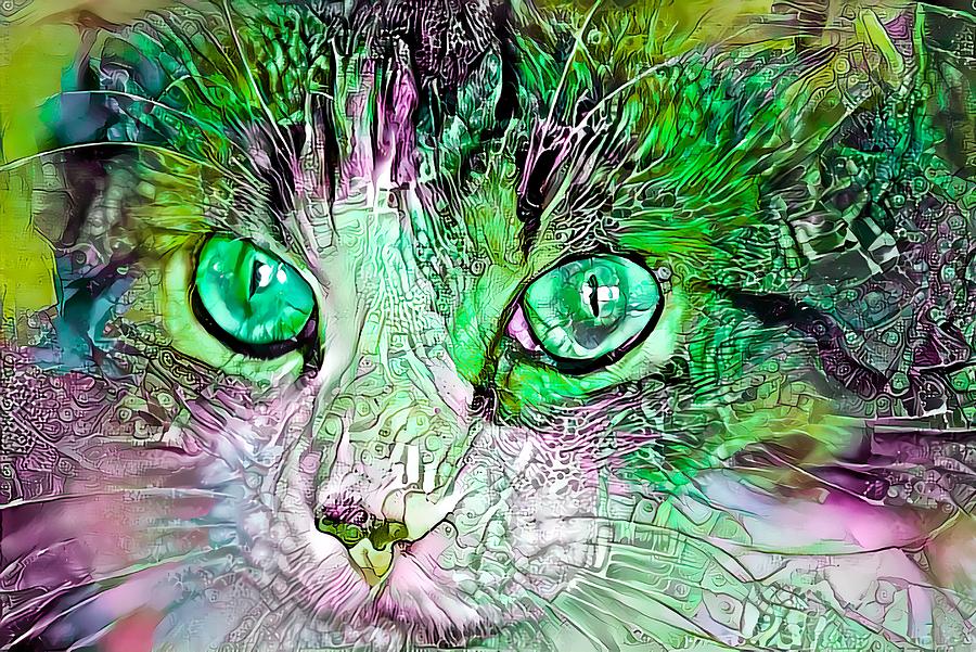 Beautiful Colorful Cat Green Digital Art by Don Northup
