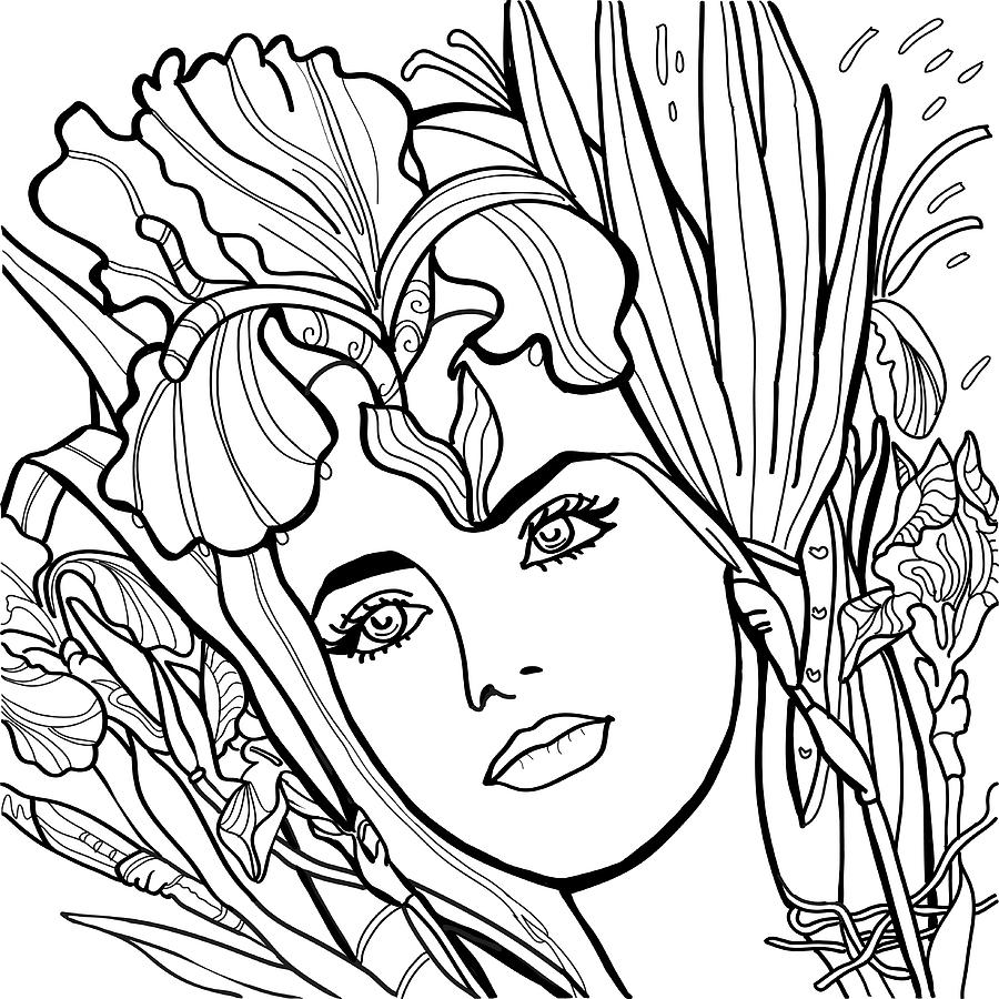 Beautiful girl with fashion wreath of iris flowers. Hand drawn by Olha  Zolotnyk