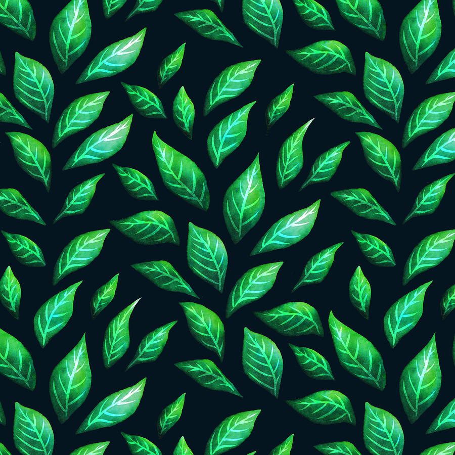 Beautiful Green Leaves Dark Pattern Painting by Boriana Giormova