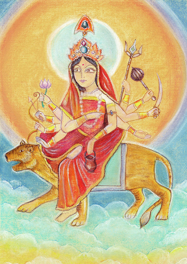 Portrait Drawing - Beautiful Hindu goddess rendering Chandraghanta Devi. Navaratri. Day 3. Pastel drawing. by Elena Sysoeva