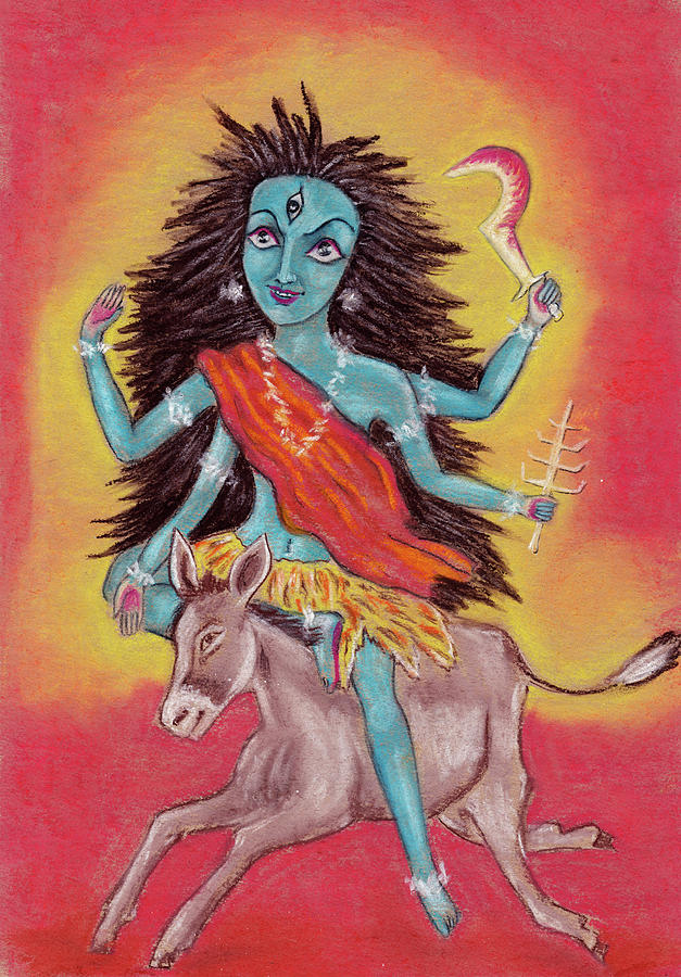 Beautiful Hindu goddess rendering Shree Kalaratri Devi. Navaratri. Day 7.  Pastel drawing. Drawing by Elena Sysoeva - Pixels