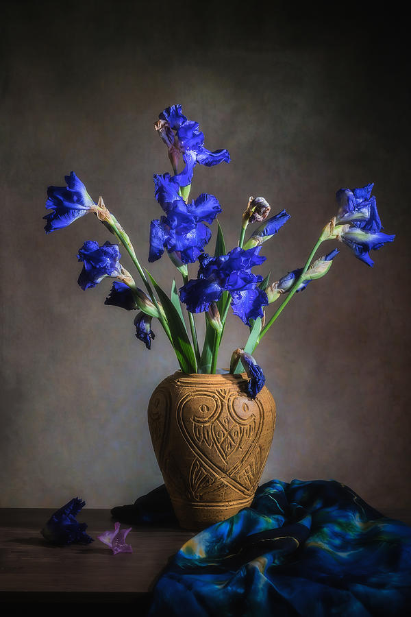 Summer Photograph - Beautiful Irises In Yellow Vase by Eileen