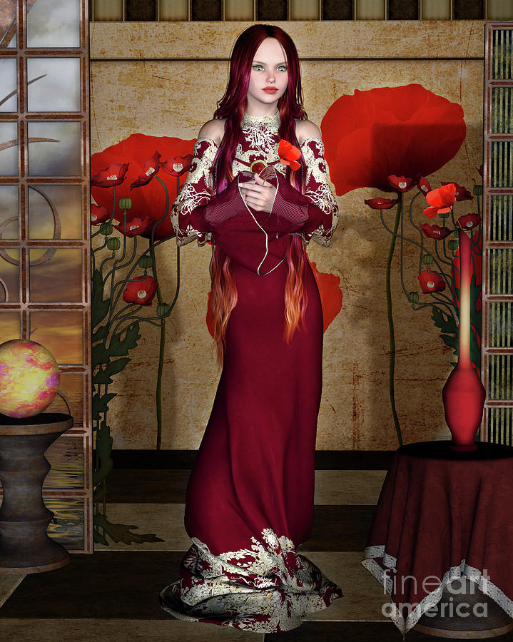 Beautiful Lady With Red Poppies Digital Art