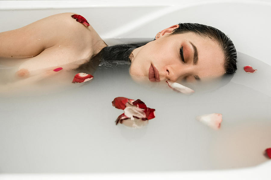 Rose Photograph - Beautiful Naked Girl In A Bath With Milk And Roses. by Alesia Mikhailova