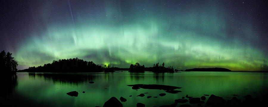 Beautiful northern lights over lake panorama Photograph by Juhani ...