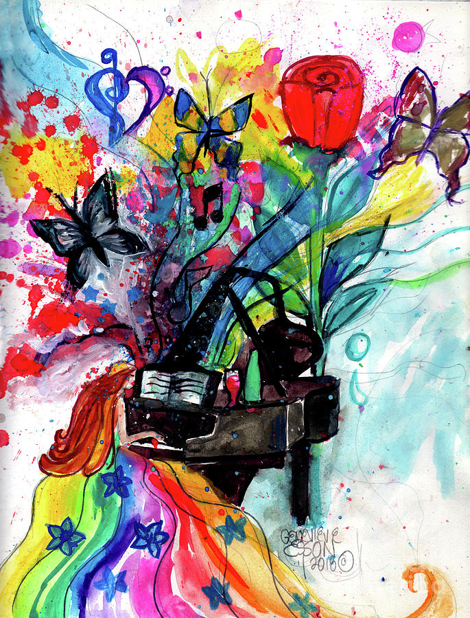 Beautiful Piano Player Color Splash With Butterflies Painting by Genevieve Esson