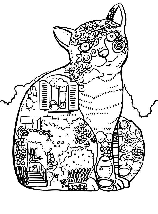 Animal Painting - Beautiful Provence Cat: Line Art by Oxana Zaika
