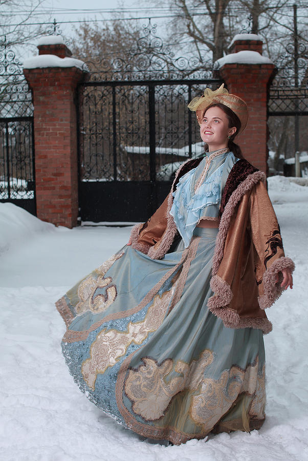 Beautiful Russian Woman In A Blue Vintage Dress. Russian Village ...