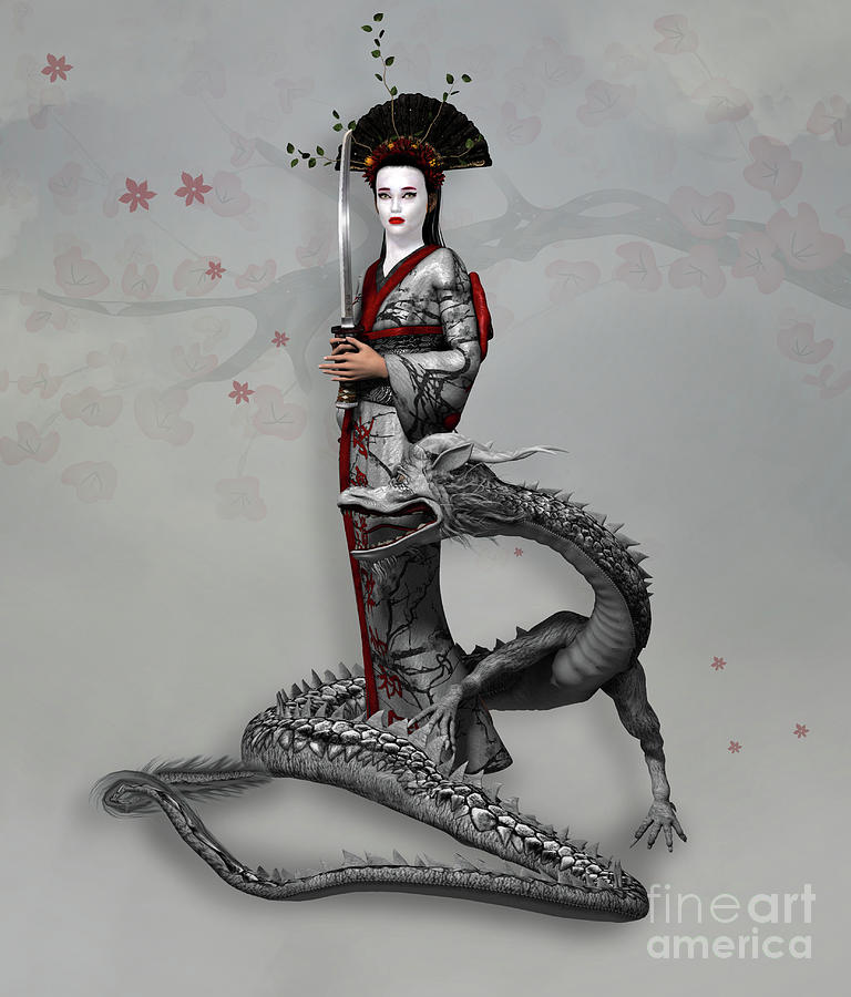 Beautiful Samurai Girl With A Dragon Digital Art