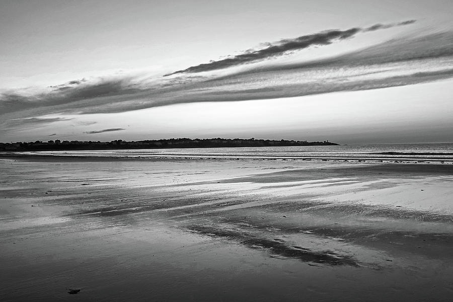 Beautiful Sunrise Over Long Sands Beach York Maine Long Beach Reflection Black and White Photograph by Toby McGuire
