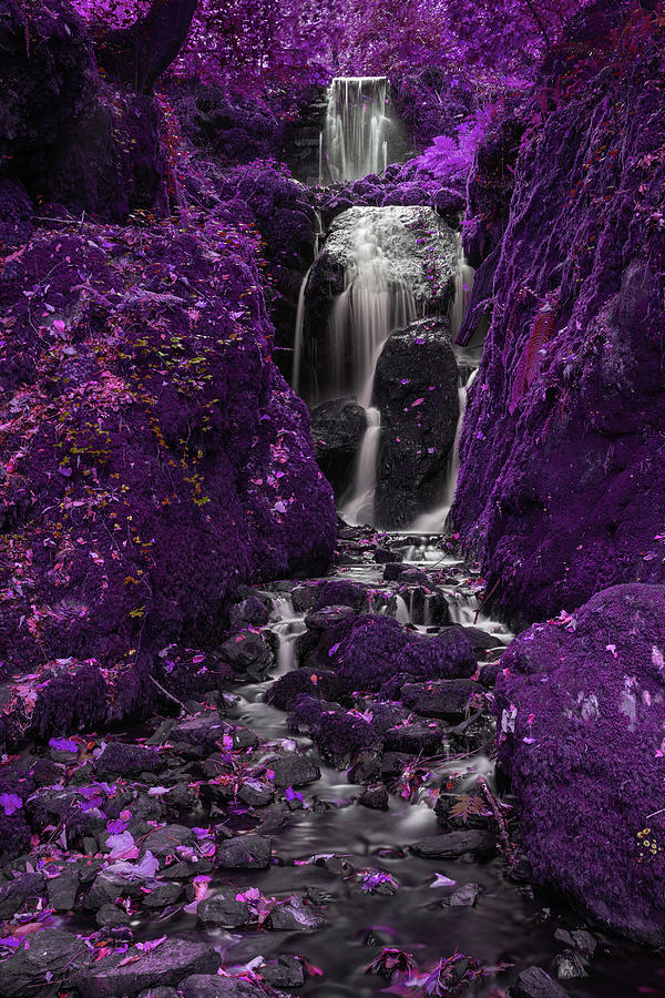 Beautiful  Surreal Alternative Color Tall Waterfall Flowing Over Photograph