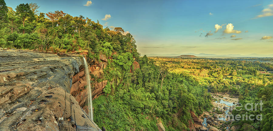 Beautiful Waterfall Flowing From The Cliff In The Tropical Jungles Panoramic Top View Photograph